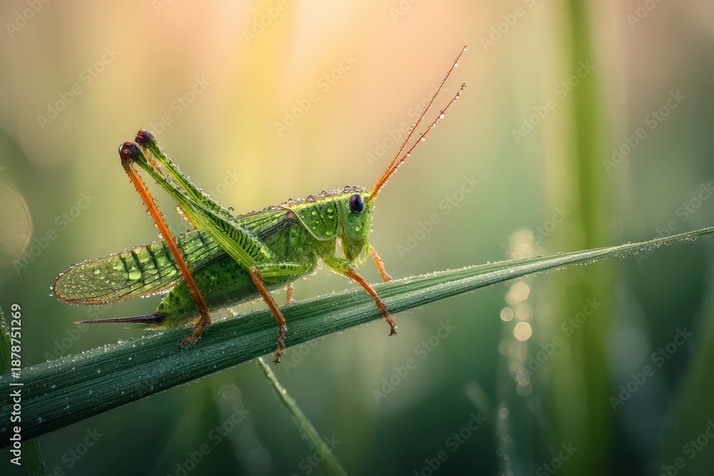 Fototapeta premium Detailed view of a grasshopper in a tranquil outdoor meadow