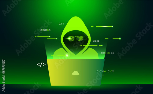Anonymous hacker silhouette in a green digital environment with C++ and PHP programming symbols. Professional visual for software development security, cyber threats, and coding expertise. Cyber