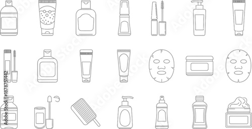 Cosmetic products, skincare, and beauty items in a line art style