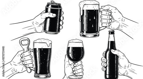 Hands holding beer glasses bottles and can illustration vintage line art alcohol drinks celebration bar pub concept isolated on white background