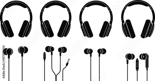 Headphones and earphones silhouettes collection audio devices wired and wireless music listening icons isolated on white background sound technology illustration set