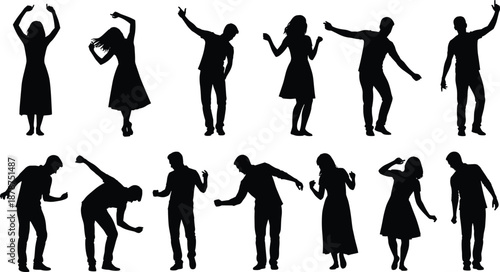 People dancing silhouettes party celebration energetic moves joyful lifestyle freedom music rhythm isolated on white background active social fun illustration concept