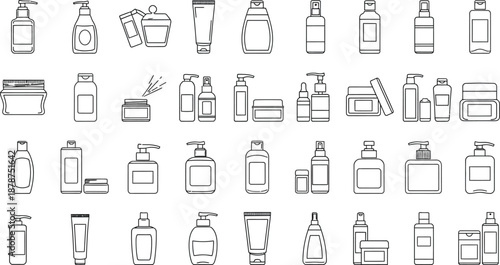 Cosmetic product line, outline style, beauty and personal care concept