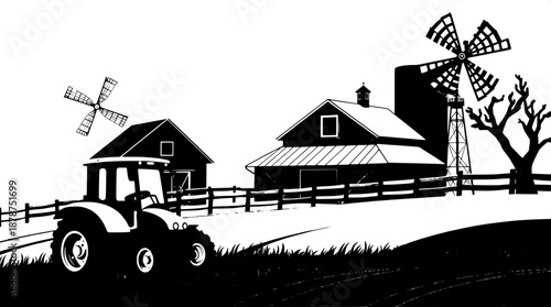 Agricultural logo style illustration featuring a black silhouette farm scene with a prominent tractor in the foreground, a rustic barn house with a peaked roof, a tall silo, and wooden fencing that st