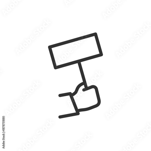 Raised sign on stick, linear icon. Protest message and public expression. Line with editable stroke.