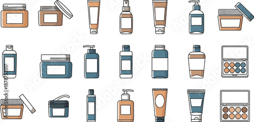 Cosmetic product set, skincare and makeup containers on beauty concept