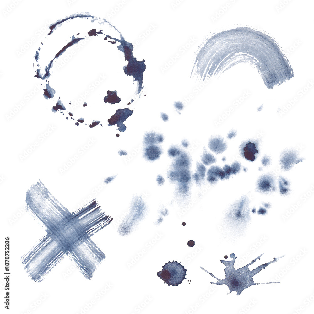 Fototapeta premium A set with spots of paint, round prints and splashes on an isolated background. An illustration with dark streaks of watercolor paint. Watercolor clipart for art design projects.