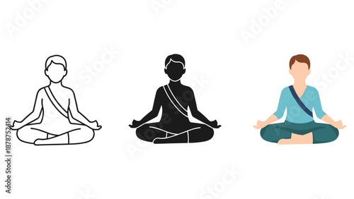 Three people meditating in lotus position with different colors and styles