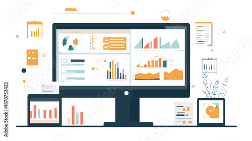 Computer Monitor Displaying Various Business Charts.