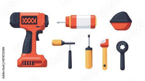 Cordless Drill and Various Tools Display.