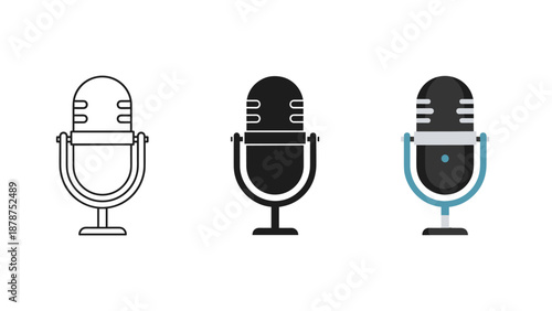 Three microphone icons in different styles on white background simple graphics for audio recording