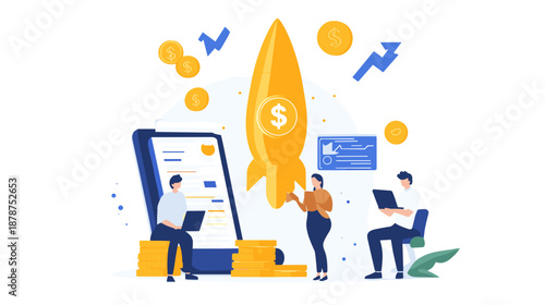 Digital Finance Concept with Rocket and Coins.