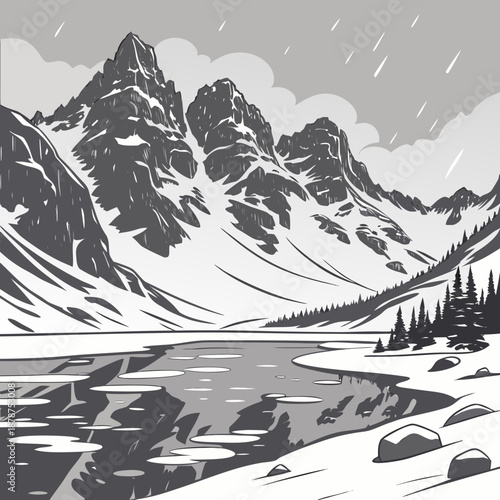 Snowy mountain landscape with lake and ice floes snowy mountains