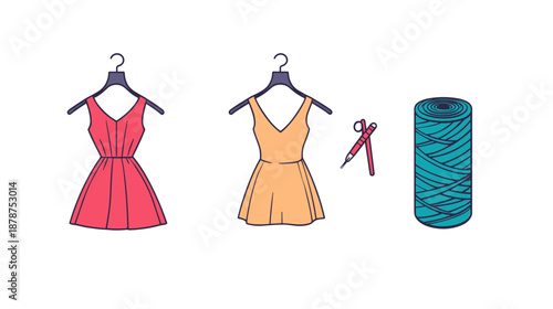 Dresses on Hangers with Scissors and Thread.