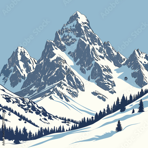 Snow covered mountain range with trees on slope landscape