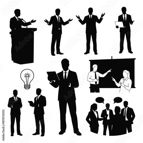 Business professionals in various roles illustrated in black silhouettes against a white background, showcasing different business scenarios and interactions.