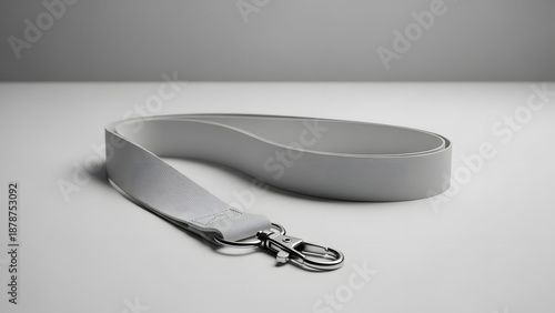 White blank lanyard with metal swivel clasp mockup on a bright white background.