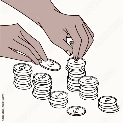 Human hands stacking coins into tidy piles money finance