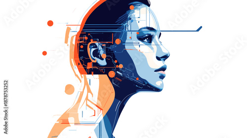 Futuristic Human Head with Mechanical Brain.