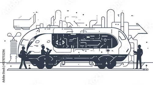 Futuristic Train with People Standing Nearby.