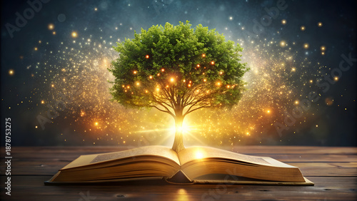 Open book with glowing tree and rays of light coming out of pages