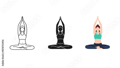 Three women in yoga poses with hands up meditation and mindfulness practice