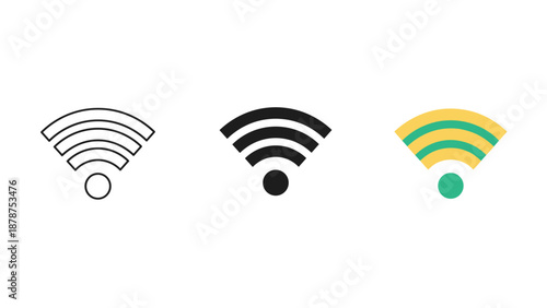 Wi fi signal icons in various styles and colors on white background symbolizing wireless connectivity