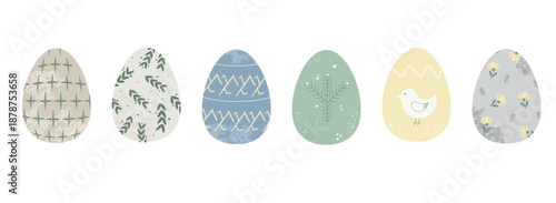 Collection of hand-drawn Easter eggs in folk Scandinavian style. Rustic spring holiday clipart with boho ornaments