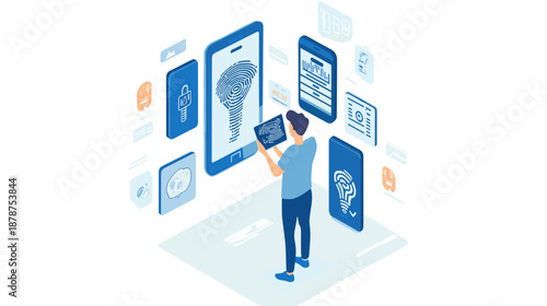 Man Interacting with Digital Brain Icons.