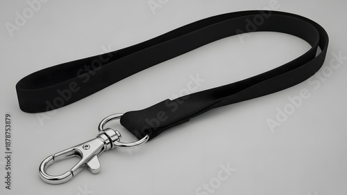 Black blank lanyard with metal swivel clasp mockup on a bright white background.