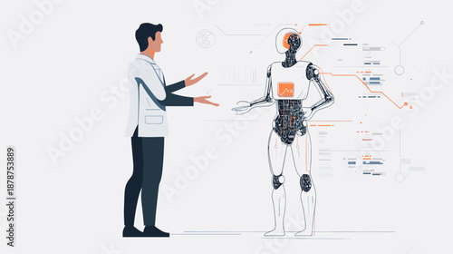 Man Interacting with Humanoid Robot Illustration.