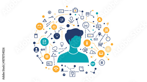 Man Surrounded by Digital Icons and Symbols.