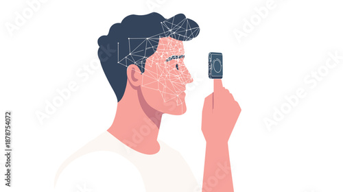 Man Using Smartphone with Facial Recognition.