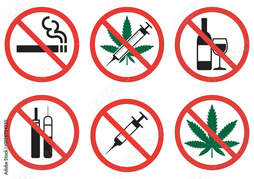 Universal Warning Signs No Smoking, Alcohol, Drugs, Vaping, and Substance Abuse Prohibited