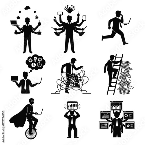 Businessman multitasking and taking action, showcasing various professional activities and creative problem-solving skills in a dynamic illustration.