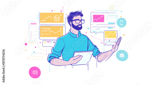 Man with Beard Holding Digital Tablet.