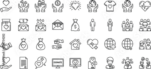 Charity donation and community support outline icons set for fundraising nonprofit and social care concepts