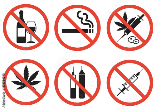 Comprehensive Set of Prohibition Signs Against Alcohol, Smoking, and Drug Abuse for Health Awareness