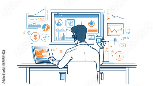 Man working on laptop with business data.