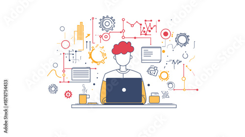 Man Working on Laptop with Business Icons.