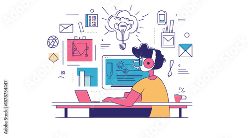 Man Working on Laptop with Creative Ideas.