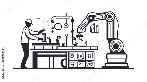 Man Working with Industrial Robotic Arm.