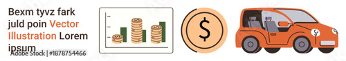 Finance, savings, transportation, wealth management, budgeting, investing. Stacked coins and bar chart, dollar symbol orange car. Finance and savings focus with wealth management and transportation