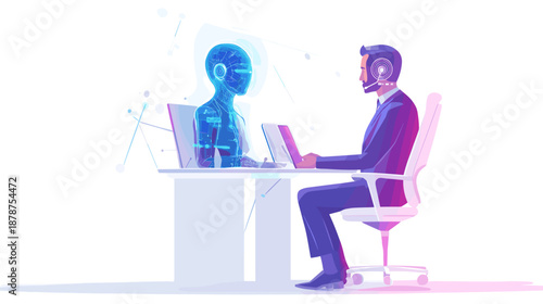 Man Working with Artificial Intelligence Robot.