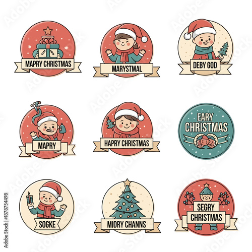 70 Collection of nine christmas themed cartoon stickers with festive characters and misspelled holiday greetings in various circular frames and banners 150