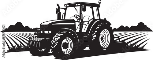Tractor in a field with rows of crops illustration
