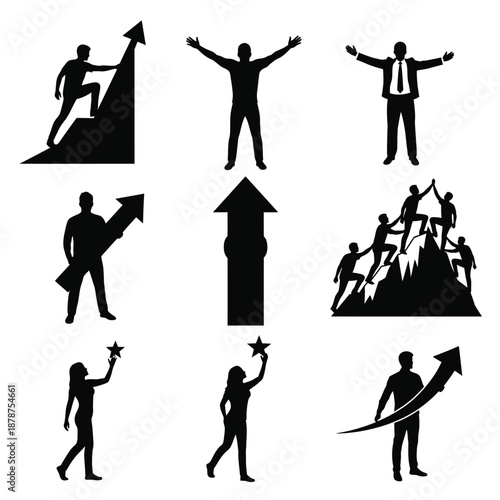 Silhouetted figures celebrating success and progress in various poses and settings, dynamic vector illustrations
