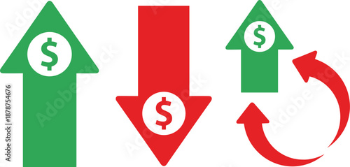 Financial increase and decrease arrow icons showing profit loss money flow and investment trends