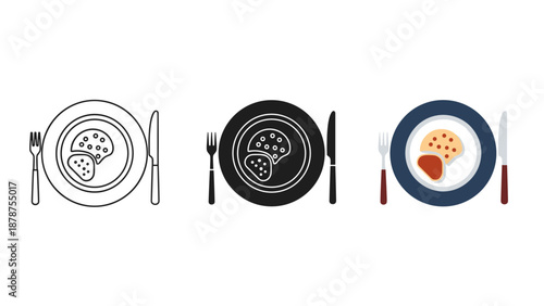 Three plates with pizza and steak dinner settings in minimalist illustrations on white background