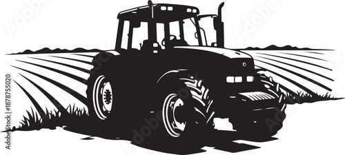 Tractor Plowing Field in Black and White Illustration Style